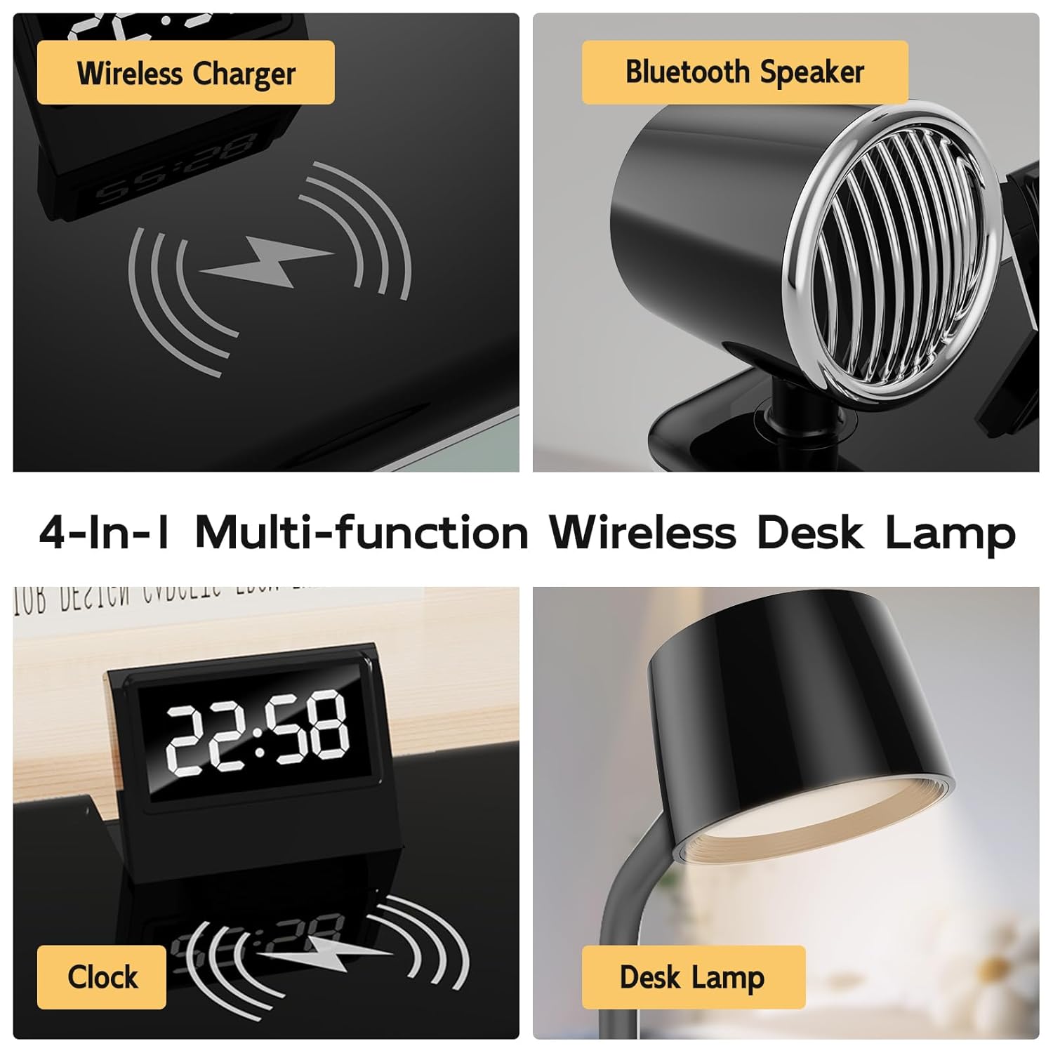 4-in-1 Wireless Charger Touch Switch, All Iphone and Android Model with BT Speaker,digital clock,and 3 Color LED Lamp